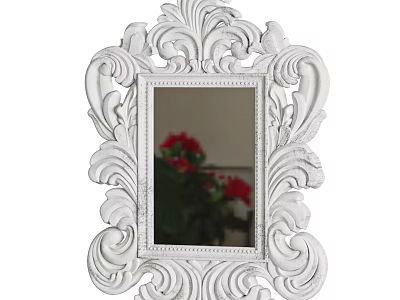 Ornate White Carved Frame Mirror With Reflection Of Red Flowers And Green Plants 3d model