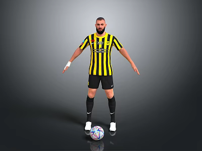 Man in Yellow and Black Striped Jersey Standing with Soccer Ball on Gray Background 3d model