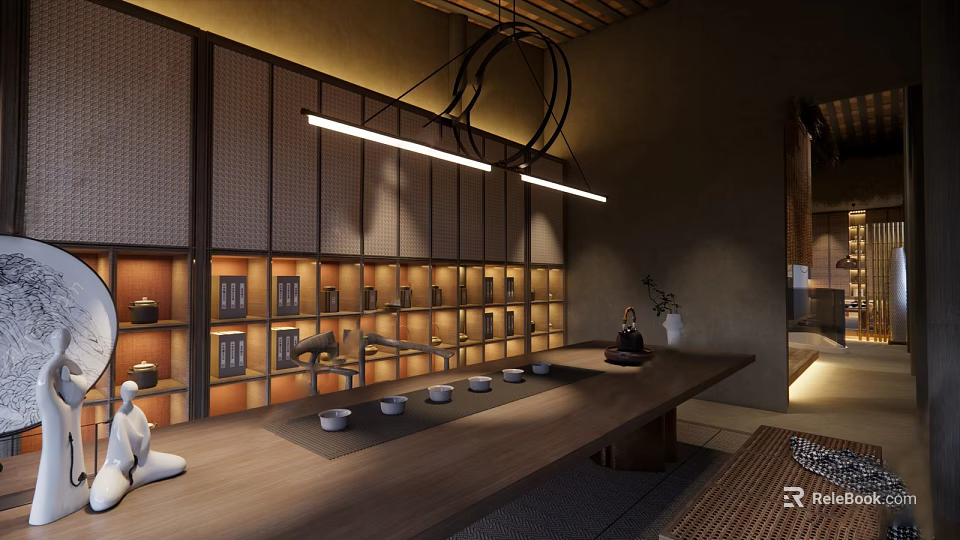Japanese Zen Mall Shop Interior With Wooden Table Tea Sets And Shelves 3d model 