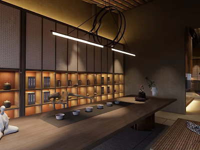 Japanese Zen Mall Shop Interior With Wooden Table Tea Sets And Shelves 3d model