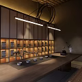 Japanese Zen Mall Shop Interior With Wooden Table Tea Sets And Shelves