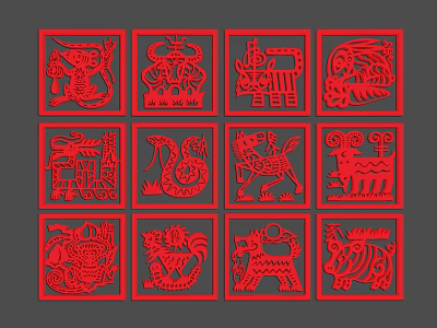 Twelve Red Paper Cut Chinese Zodiac Animal Patterns In Square Frames 3d model