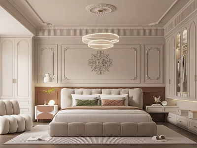 Elegant Modern Bedroom Interior Design With Upholstered Bed Wall Decor And Ceiling Chandelier 3d model
