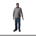 A man wearing a gray sweater blue jeans and brown shoes standing against white background