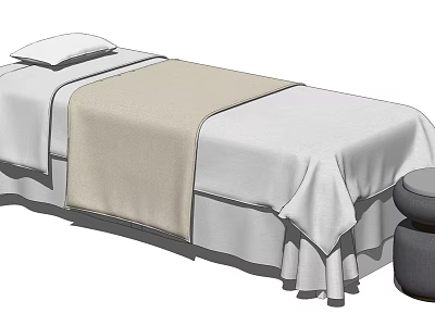 Comfortable Massage Bed With White Bed Sheets And Beige Blanket And Small Round Stool 3d model
