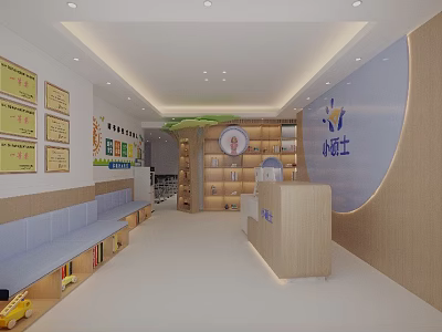 Bright Child Friendly Kindergarten Interior With Reception Desk Bookshelves Seating And Wall Decorations 3d model