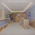 Bright Child Friendly Kindergarten Interior With Reception Desk Bookshelves Seating And Wall Decorations