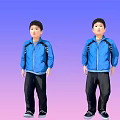 Two Kids Wearing Blue Jackets And Black Pants Standing On Gradient Background 3d model