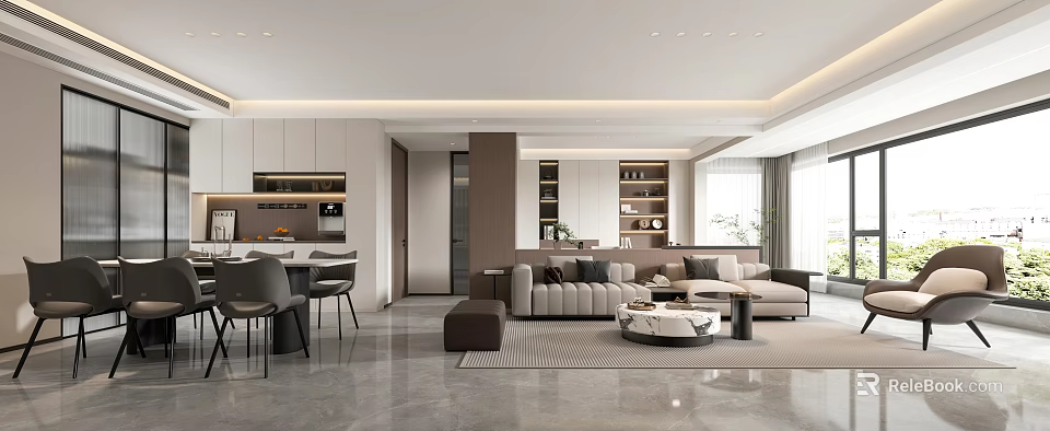 Modern Open Concept Living Dining Room Interior With Sofa Dining Table Coffee Table And Cabinets 3d model 