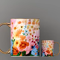 Vibrant Floral Pattern Ceramic Mugs With Gold Handle Large And Small Size 3d model
