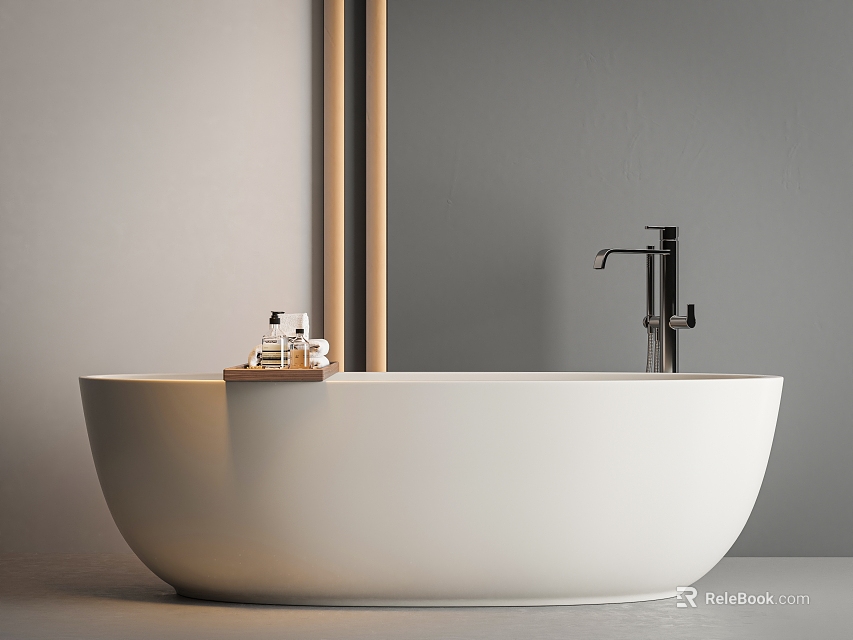 Modern Freestanding White Bathtub In Bathroom With Chrome Faucet Wooden Strips And Toiletries Tray 3d model 