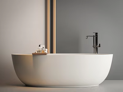 Modern Freestanding White Bathtub In Bathroom With Chrome Faucet Wooden Strips And Toiletries Tray 3d model