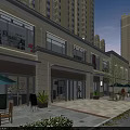 Bustling Commercial Street with Brand Shops Pedestrians Green Umbrellas and Tall Buildings