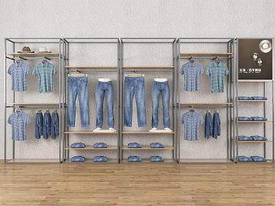 Metal Retail Display Shelves with Hanging Shirts Jeans and Shoes in Store With Wooden Floor 3d model