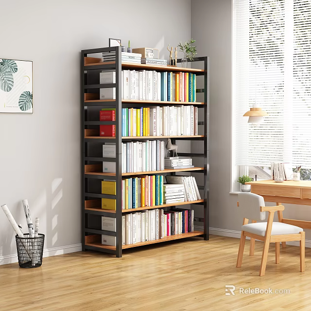 Modern Home Office Desk With Wooden Chair Bookshelf Colorful Books Potted Plant Near Window 3d model 
