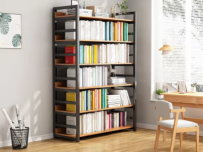 Modern Home Office Desk With Wooden Chair Bookshelf Colorful Books Potted Plant Near Window 3d model