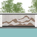 Illuminated Slatted Feature Wall With Wave Pattern And Pool Water Reflection Surrounded By Trees