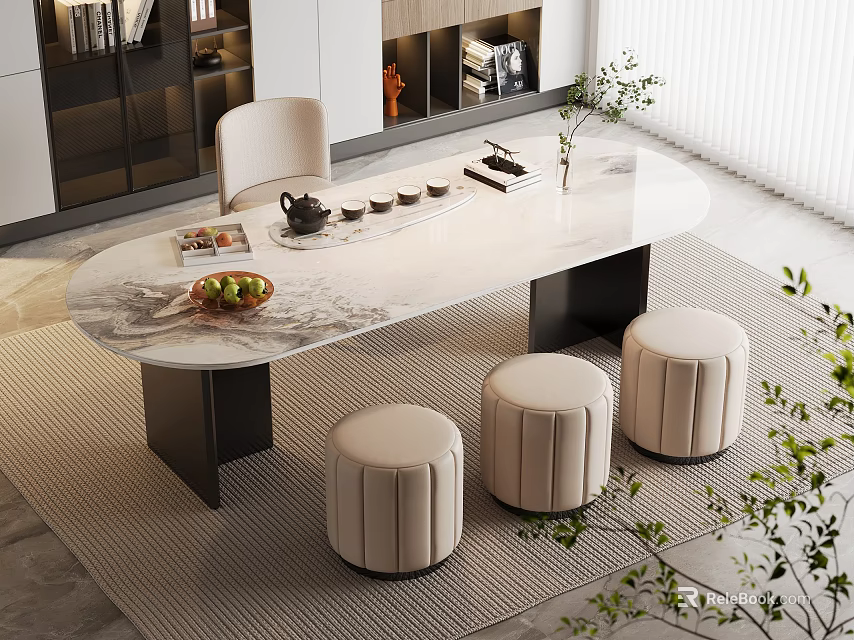 Modern Living Room Interior With Marble Top Tea Table Beige Stools And Tea Set 3d model