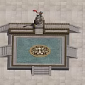 Cartoon Scene Of Square Structure With Central Pool Emblem And Red Flag Statue