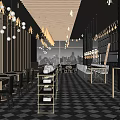 Stylish Restaurant Interior With Black And White Checkered Floor Pendant Lights And Wooden Shelves