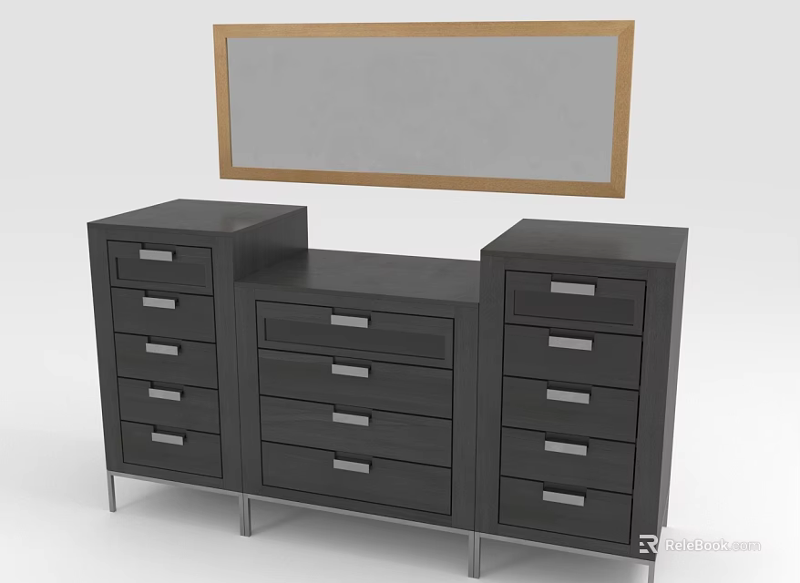 Stylish Modern Black Dresser With Multiple Drawers And Wooden Frame Mirror 3d model 