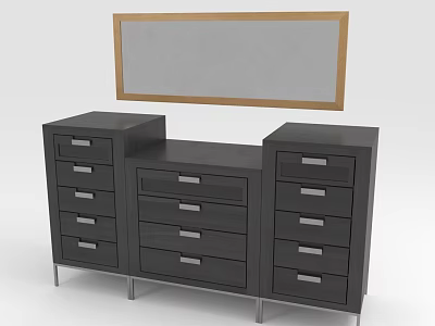 Stylish Modern Black Dresser With Multiple Drawers And Wooden Frame Mirror 3d model