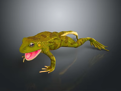Realistic Green Reptile With Yellow Patterns Open Mouth And Extended Limbs 3D Render 3d model