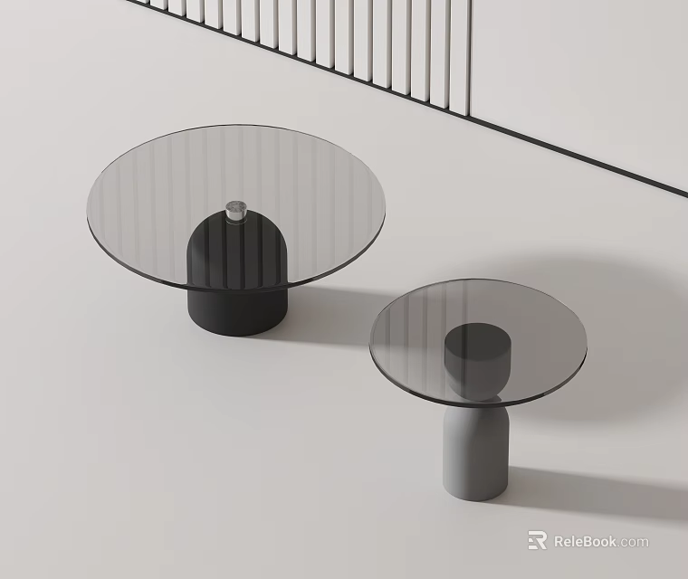 Two Modern Coffee Tables With Glass Top And Cylindrical Black Gray Bases 3d model 