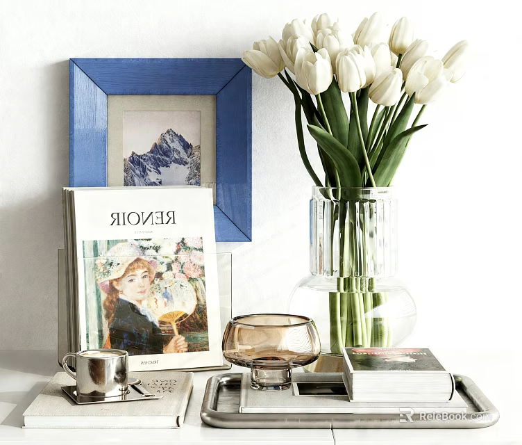 Cozy Living Room Interior With Blue Framed Mountain Painting White Tulips Clear Vase And Books 3d model 
