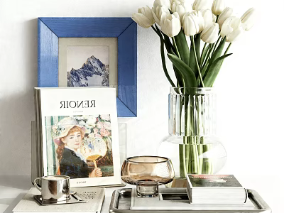 Cozy Living Room Interior With Blue Framed Mountain Painting White Tulips Clear Vase And Books 3d model