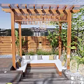 Courtyard Garden With Wooden Pergola Wooden Deck Water Feature Green Plants And Sunset Sky