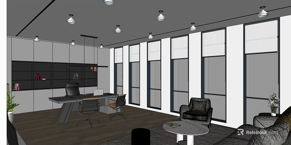 Modern Office Interior With Open Layout Large Windows Office Desk And Pendant Lights 3d model 