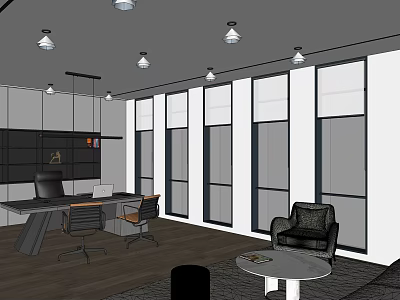 Modern Office Interior With Open Layout Large Windows Office Desk And Pendant Lights 3d model