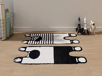 Unique Shaped Black And White Area Rug With Striped Circular Patterns On Wooden Floor 3d model