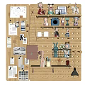 Wooden Pegboard Wall Decor With Shelves Small Figurines Mugs Photos And Decorative Items