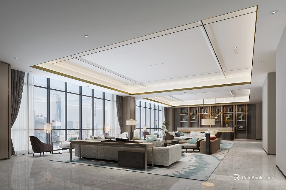 Modern Office Interior Design With Spacious Layout Large Windows Comfortable Sofas And Bookshelves 3d model