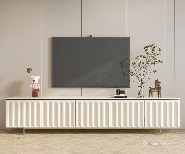 White Vertical Striped TV Stand With Gold Legs TV Potted Plant And Ornaments 3d model 
