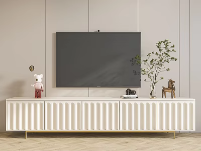 White Vertical Striped TV Stand With Gold Legs TV Potted Plant And Ornaments 3d model