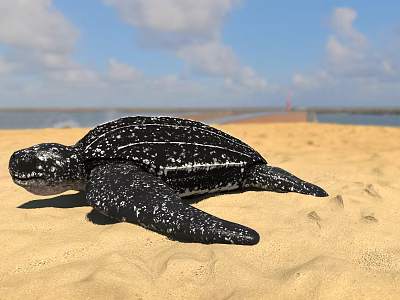Black and White Spotted Sea Turtle Crawling on Sandy Beach Under Blue Sky 3d model