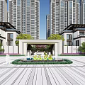 Modern Residential Entrance Garden Landscape With Greenery And High Rise Buildings