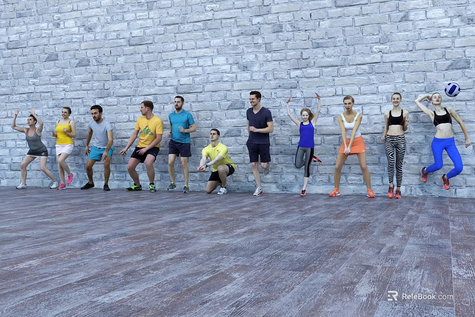 Group of People Exercising Together in Room With Brick Wall and Wooden Floor 3d model 