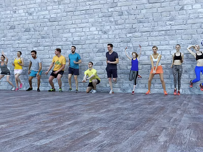 Group of People Exercising Together in Room With Brick Wall and Wooden Floor 3d model