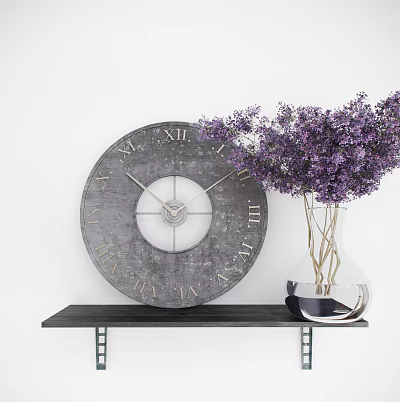 Vintage Gray Clock With Roman Numerals On Black Shelf Next To Glass Vase Purple Flowers 3d model