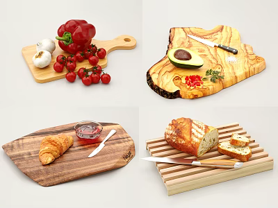 Fresh Food Ingredients on Wooden Cutting Boards with Avocado Croissant and Sliced Bread 3d model