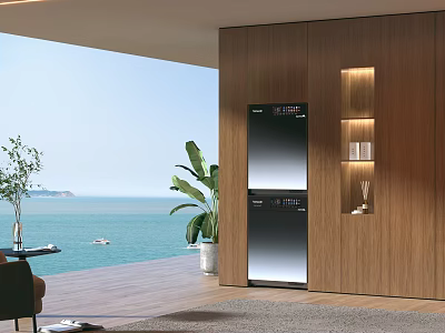 Modern Bathroom Interior With Wooden Wall Sea View And Green Plant 3d model