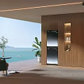 Modern Bathroom Interior With Wooden Wall Sea View And Green Plant