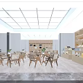 Modern Public Office Space With Glass Skylight Wooden Tables And Bookshelves