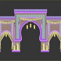 Arabian Style Archway With Colorful Geometric Patterns Decorative Canopies Lantern Decorations And Purple Pink Blue Tones