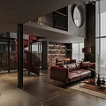 Dark Toned Loft Living Room With Brown Leather Sofa And Spiral Staircase