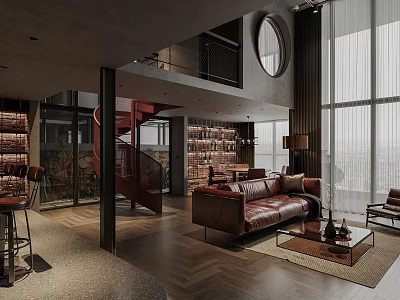 Dark Toned Loft Living Room With Brown Leather Sofa And Spiral Staircase 3d model